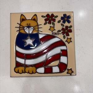 Vintage Earthtones American Cat Patriotic Ceramic Art Tile Trivet 5053A